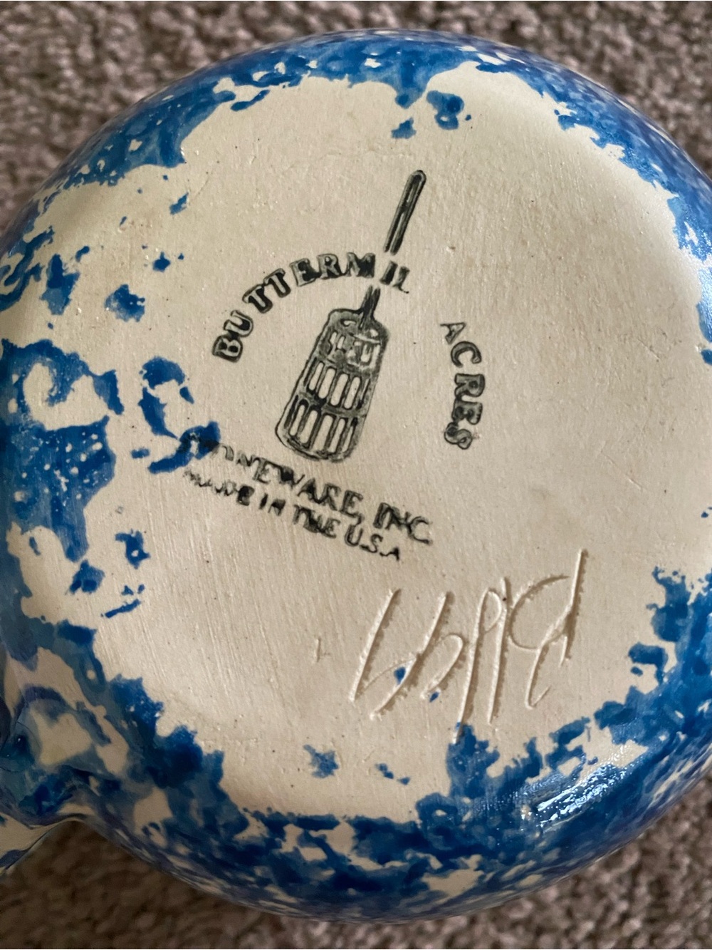 Stoneware Blue & White Sponged Chip and Dip Bowl with Cherry Motif. 1999-2000 - Picture 5 of 8